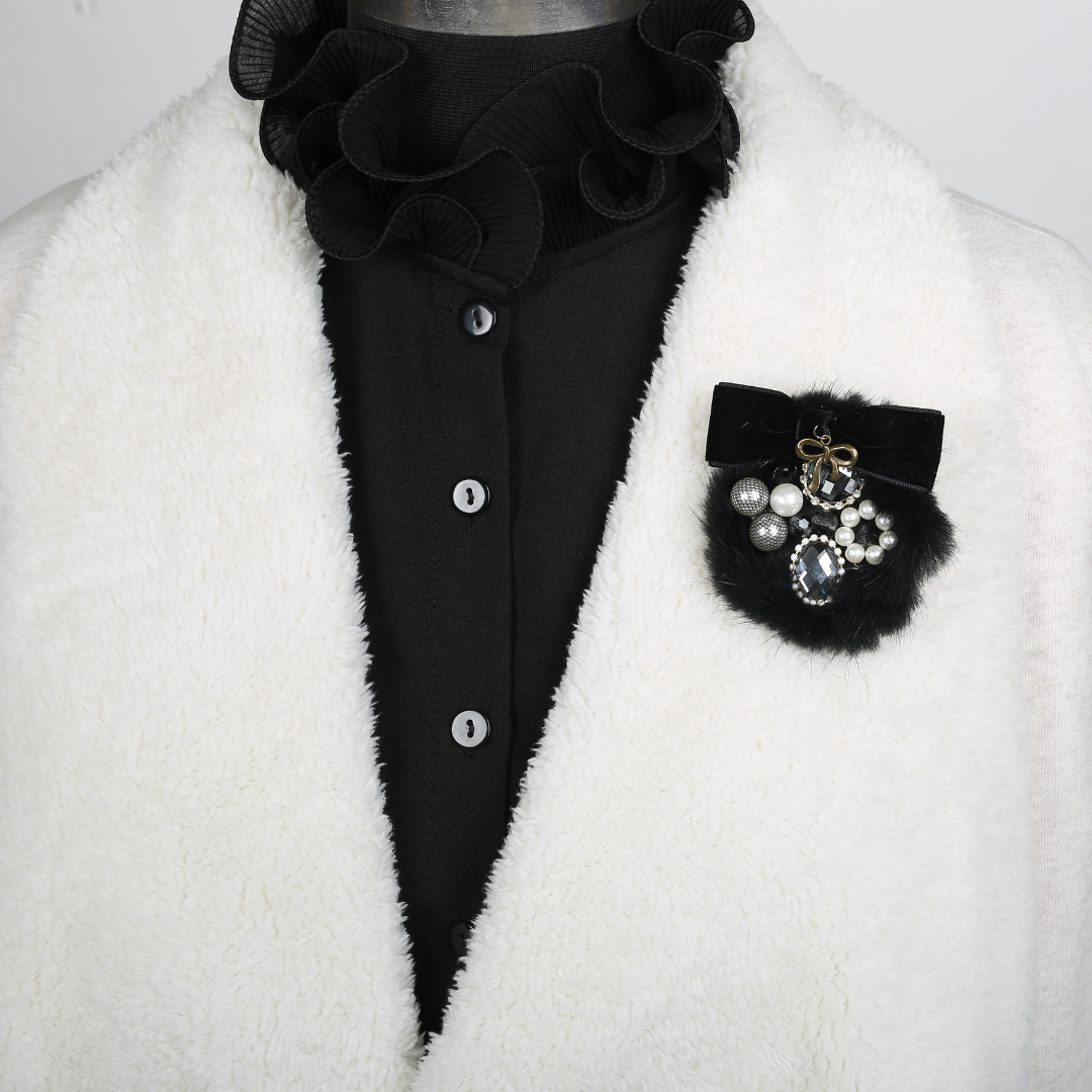 Black Fur Bejewelled Brooch