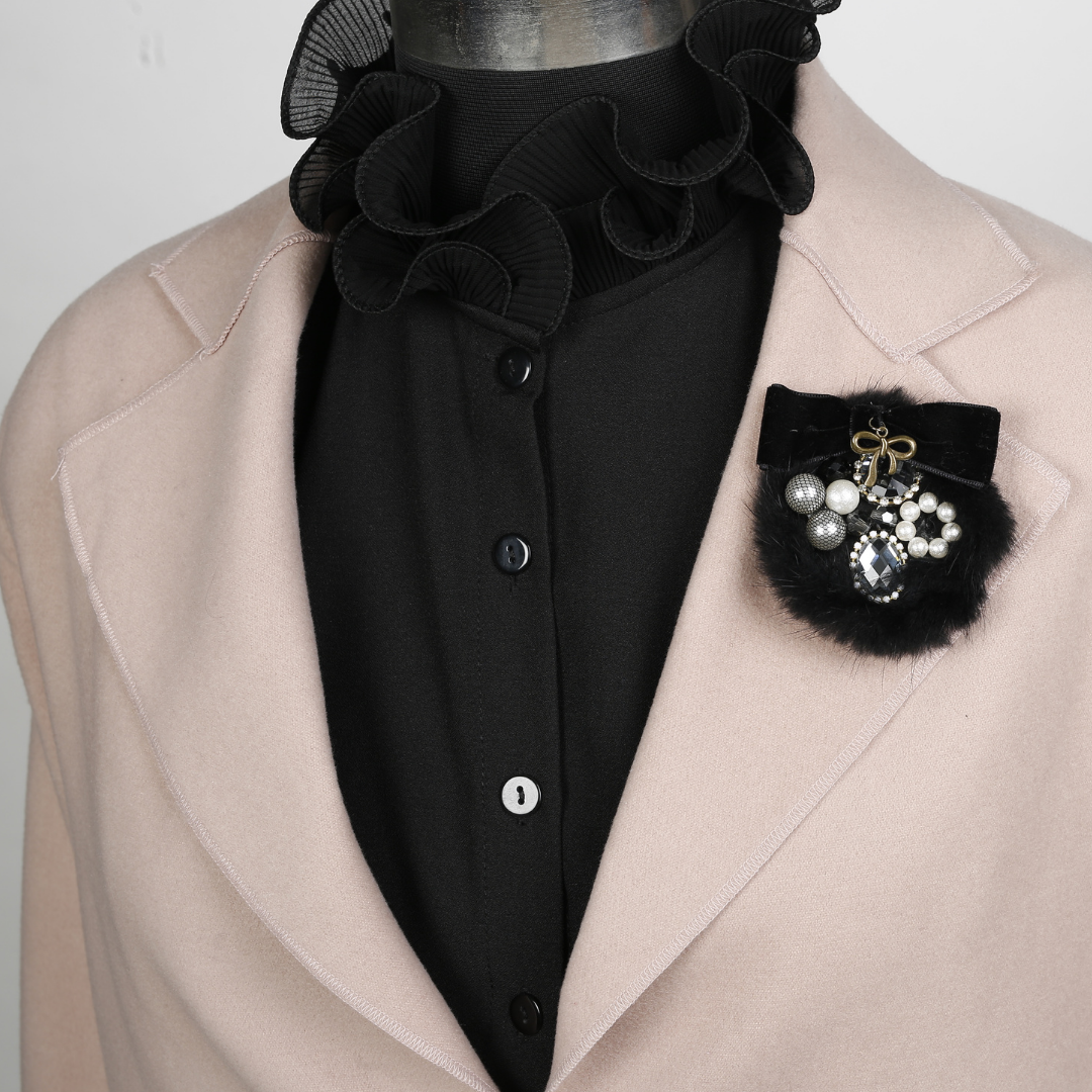 Black Fur Bejewelled Brooch