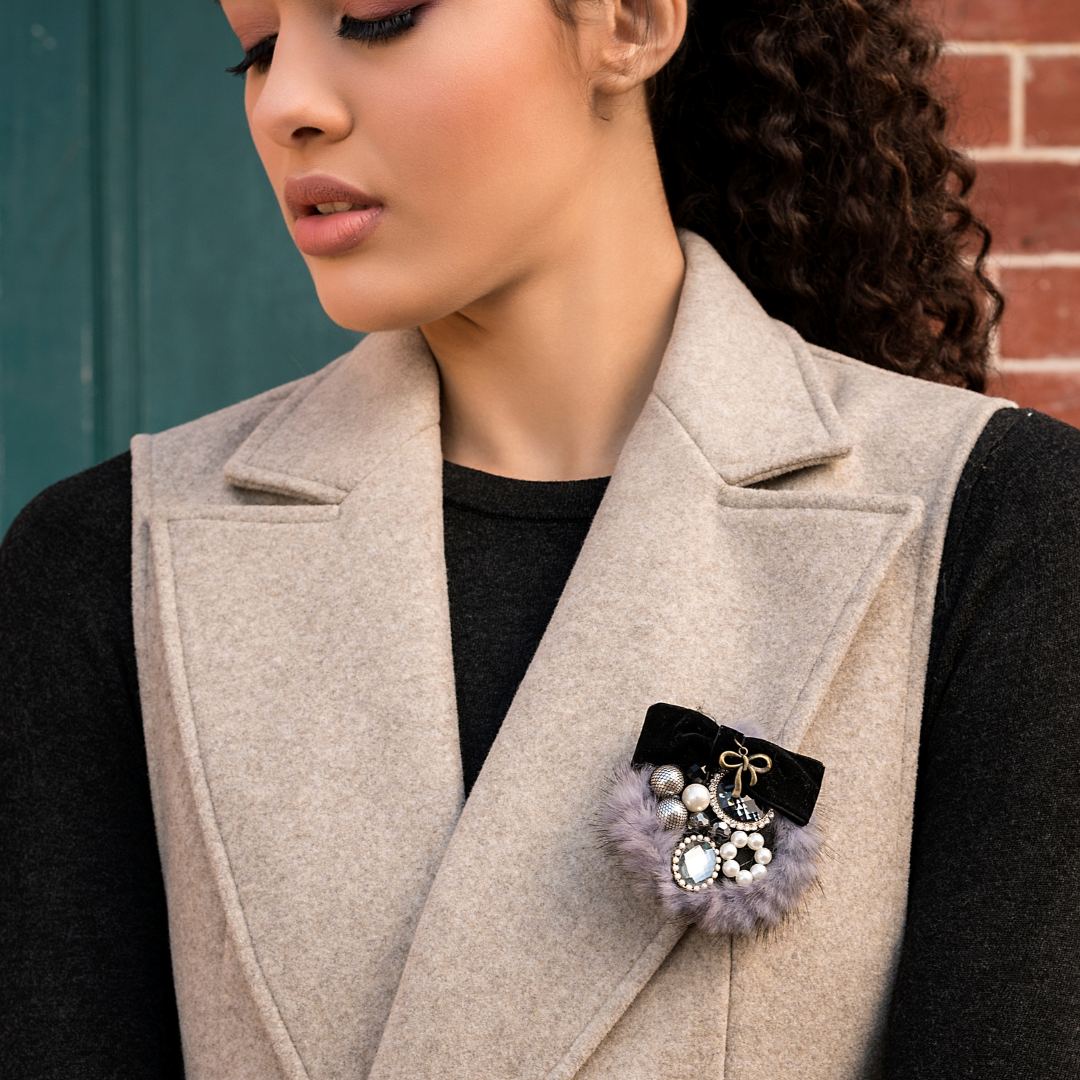 Grey Fur Bejewelled Brooch
