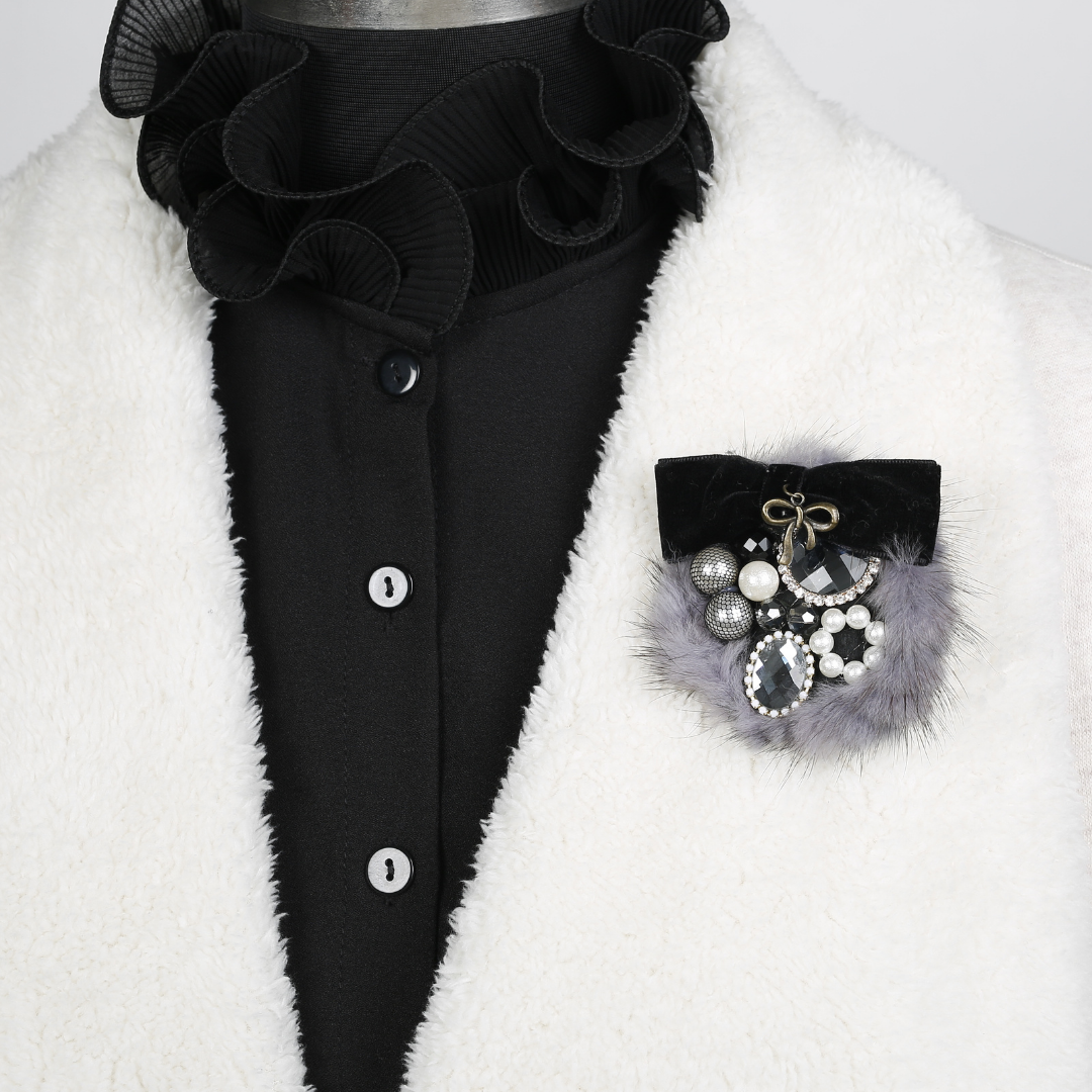 Grey Fur Bejewelled Brooch