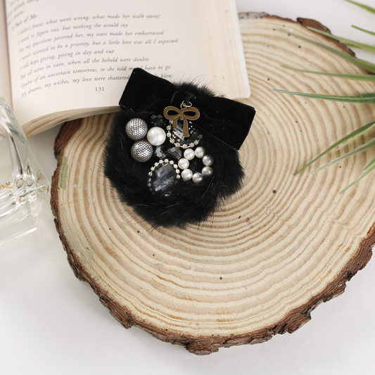 Black Fur Bejewelled Brooch