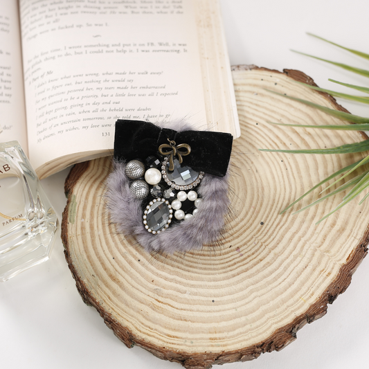 Grey Fur Bejewelled Brooch